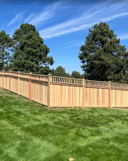 Wooden privacy fence with decorative lattice topper on sloped terrain - Lancaster, SC